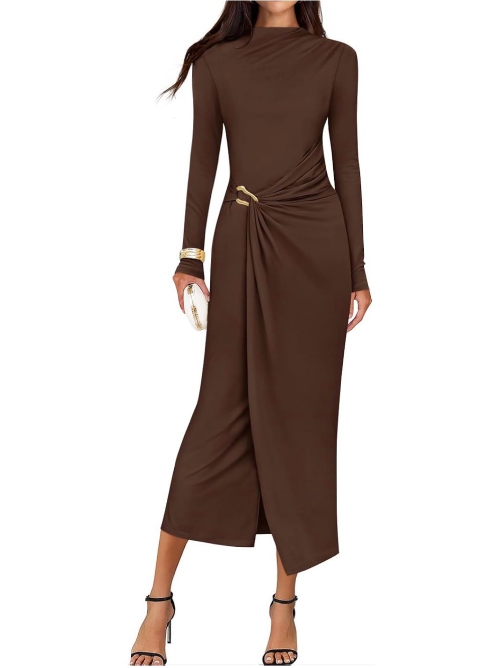 Cotton Bodycon Brown Long Sleeve Draped Midi Dress
